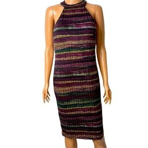 Sweater Dress Multicolor Stripe Halter SZ L by Honey & Rosie body con ribbed